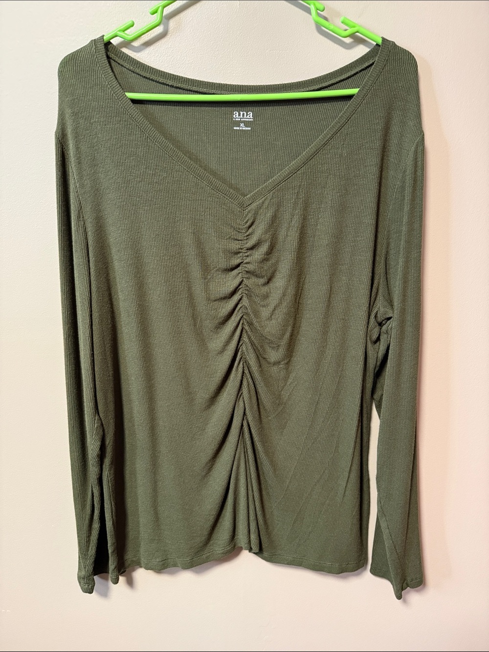 a.n.a Olive Green Ruched V-Neck Long Sleeve Tee